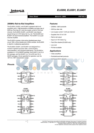 EL8401ISZ-T13 datasheet - 200MHz Rail-to-Rail Amplifiers