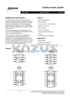 EL8401ISZ-T7 datasheet - 200MHz Rail-to-Rail Amplifiers