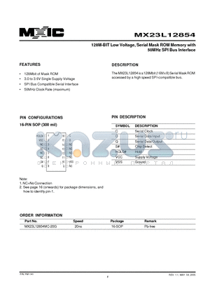 MX23L12854 datasheet - 128M-BIT Low Voltage, Serial Mask ROM Memory with 50MHz SPI Bus Interface