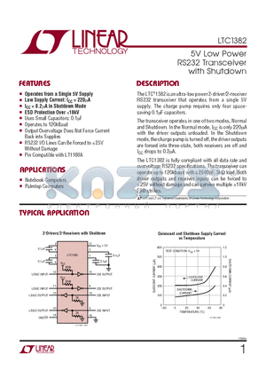 LTC1382CN datasheet - 5V Low Power RS232 Transceiver with Shutdown