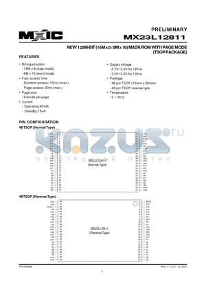 MX23L12811-1 datasheet - NEW 128M-BIT (16M x 8 / 8M x 16) MASK ROM WITH PAGE MODE(TSOP PACKAGE)