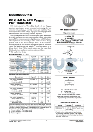 NSS20200LT1G datasheet - 20 V, 4.0 A, Low VCE(sat) PNP Transistor