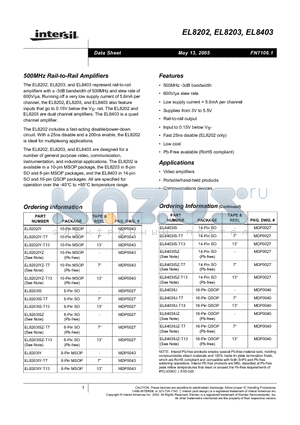 EL8403IUZ datasheet - 500MHz Rail-to-Rail Amplifiers