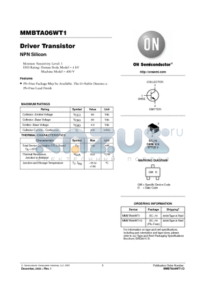 MMBTA06WT1G datasheet - Driver Transistor NPN Silicon