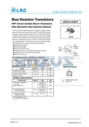 LDTA114YET1 datasheet - Bias Resistor Transistors