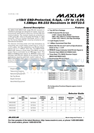 MAX3182EEUK-T datasheet - -15kV ESD-Protected, 0.5UA, 3V to 5.5V, 1.5Mbps RS-232 Receivers in SOT23-5