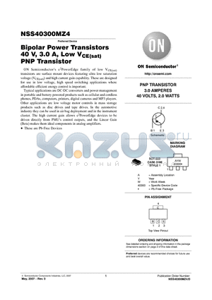 NSS40300MZ4 datasheet - Bipolar Power Transistors 40 V, 3.0 A, Low VCE(sat) PNP Transistor