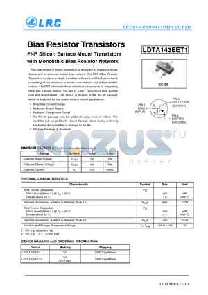 LDTA143EET1 datasheet - Bias Resistor Transistors