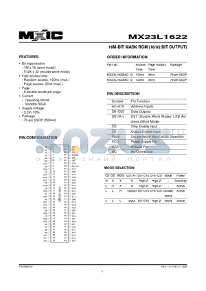 MX23L1622 datasheet - 16M-BIT MASK ROM (16/32 BIT OUTPUT)