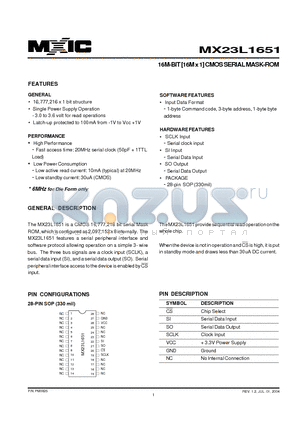 MX23L1651 datasheet - 16M-BIT [16M x 1] CMOS SERIAL MASK-ROM