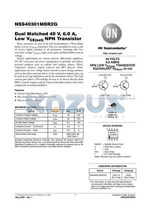 NSS40301MDR2G datasheet - Dual Matched 40 V, 6.0 A, Low VCE(sat) NPN Transistor
