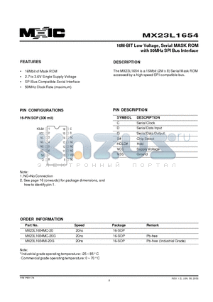 MX23L1654 datasheet - 16M-BIT Low Voltage, Serial MASK ROM with 50MHz SPI Bus Interface