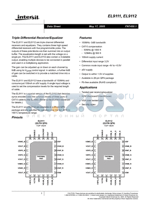 EL9111IL datasheet - Triple Differential Receiver/Equalizer