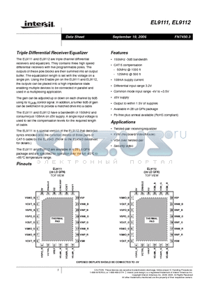 EL9111IL-T13 datasheet - Triple Differential Receiver/Equalizer