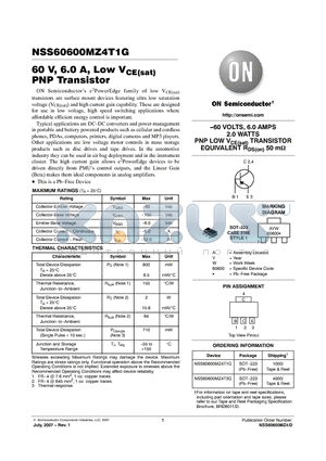 NSS60600MZ4T3G datasheet - 60 V, 6.0 A, Low VCE(sat) PNP Transistor