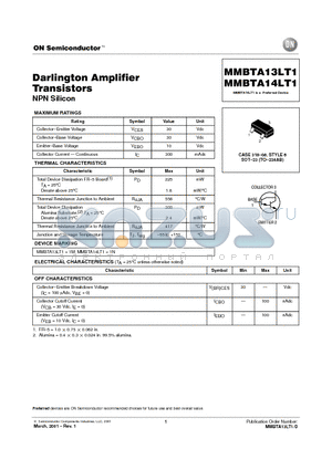 MMBTA14LT1 datasheet - Darlington Amplifier Transistors(NPN Silicon)