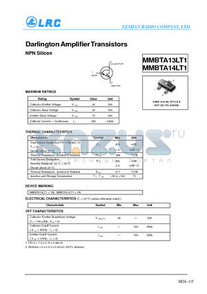 MMBTA14LT1 datasheet - Darlington Amplifier Transistors(NPN Silicon)