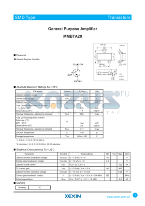 MMBTA20 datasheet - General Purpose Amplifier