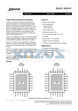 EL9112ILZ-T7 datasheet - Triple Differential Receiver/Equalizer