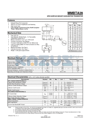 MMBTA28-7-F datasheet - NPN SURFACE MOUNT DARLINGTON TRANSISTOR