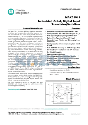 MAX31911_12 datasheet - Industrial, Octal, Digital Input Translator/Serializer
