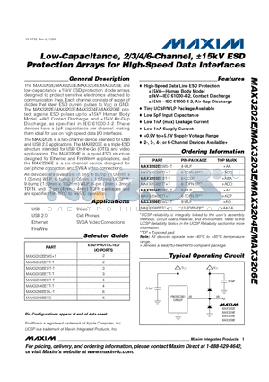 MAX3203EEBT-T datasheet - Low-Capacitance, 2/3/4/6-Channel, a15kV ESD Protection Arrays for High-Speed Data Interfaces
