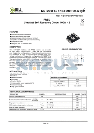 NST200F60 datasheet - FRED Ultrafast Soft Recovery Diode, 100A  2