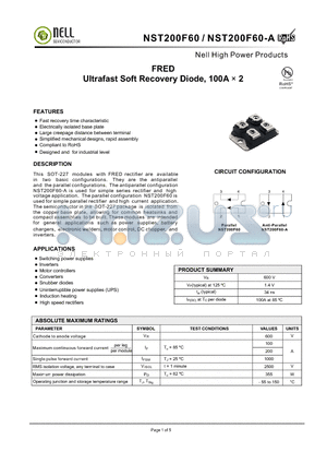 NST200F60-A datasheet - FRED Ultrafast Soft Recovery Diode, 100A  2