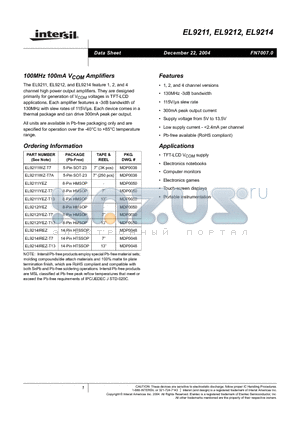 EL9211IWZ-T7A datasheet - 100MHz 100mA VCOM Amplifiers