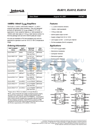 EL9212 datasheet - 100MHz 100mA VCOM Amplifiers