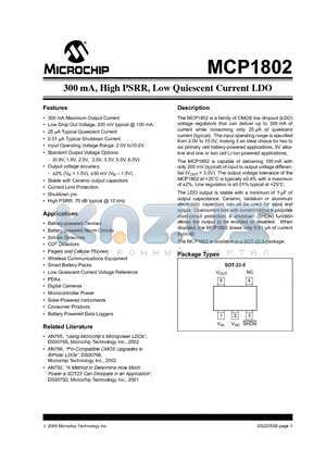 MCP1802T-2502I/OT datasheet - 300 mA, High PSRR, Low Quiescent Current LDO