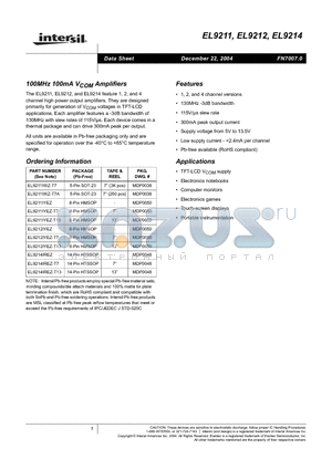 EL9212IYEZ datasheet - 100MHz 100mA VCOM Amplifiers