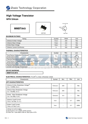 MMBTA43 datasheet - HIGH VOLTAGE TRANSISTOR NPN SILICON