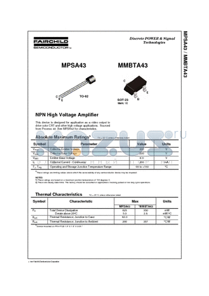 MMBTA43 datasheet - NPN High Voltage Amplifier