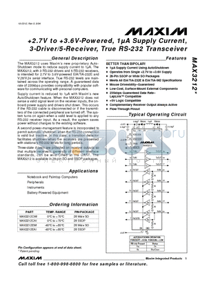 MAX3212EAI datasheet - 2.7V to3.6V-Powered, 1lA Supply Current, 3-Driver/5-Receiver, True RS-232Transceiver