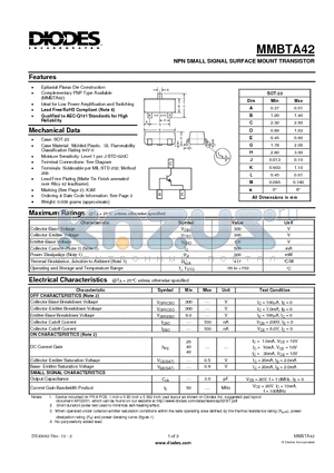 MMBTA42-7-F datasheet - NPN SMALL SIGNAL SURFACE MOUNT TRANSISTOR