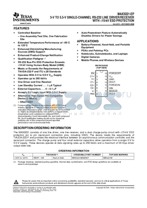 MAX3221-EP datasheet - 3-V TO 5.5-V SINGLE-CHANNEL RS-232 LINE DRIVER/RECEIVER WITH a15-kV ESD PROTECTION