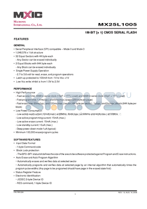 MX25L1005MI-12G datasheet - 1M-BIT [x 1] CMOS SERIAL FLASH