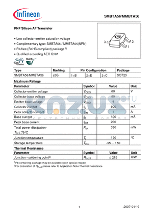 MMBTA56 datasheet - PNP Silicon AF Transistor Low collector-emitter saturation voltage