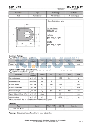 ELC-650-29-50 datasheet - LED - Chip