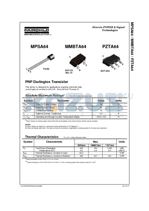 MMBTA64 datasheet - PNP Darlington Transistor