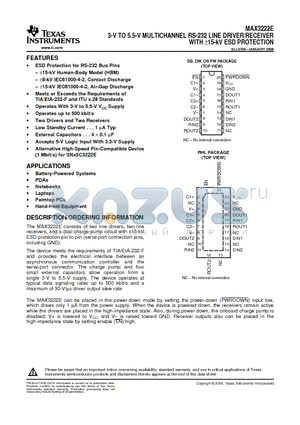 MAX3222ECDBR datasheet - 3-V TO 5.5-V MULTICHANNEL RS-232 LINE DRIVER/RECEIVER WITH a15-kV ESD PROTECTION