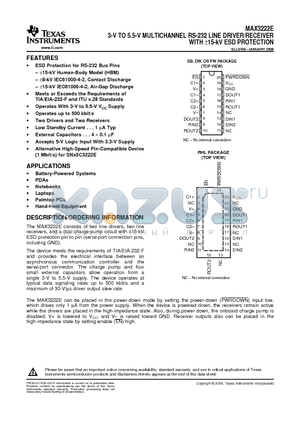 MAX3222ECDW datasheet - 3-V TO 5.5-V MULTICHANNEL RS-232 LINE DRIVER/RECEIVER WITH a15-kV ESD PROTECTION