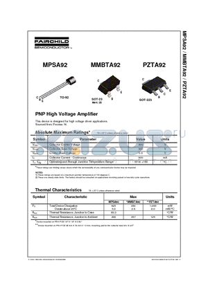 MMBTA92 datasheet - PNP High Voltage Amplifier