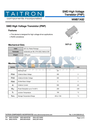 MMBTA92 datasheet - SMD High Voltage Transistor (PNP)