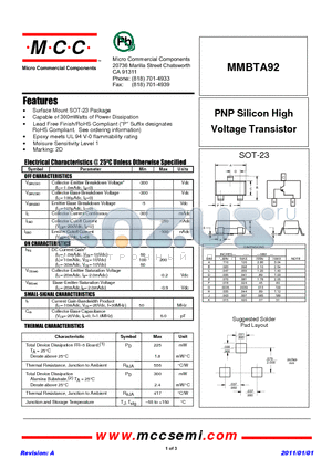 MMBTA92 datasheet - PNP Silicon High Voltage Transistor