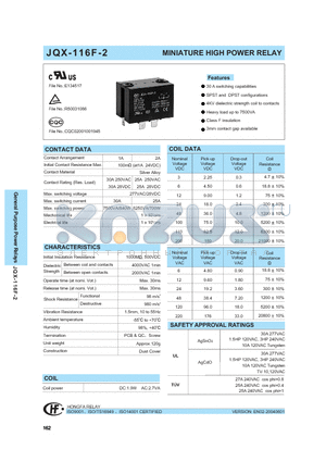 JQX-116F-2/018AL2HSNILFW datasheet - MINIATURE HIGH POWER RELAY