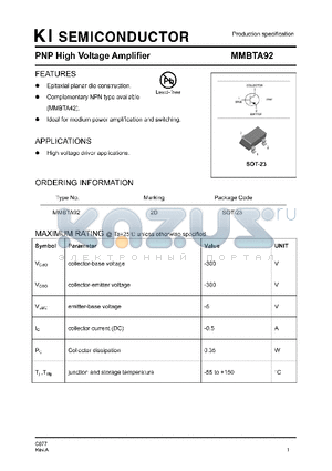 MMBTA92 datasheet - PNP High Voltage Amplifier