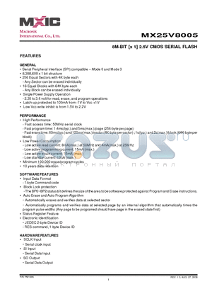 MX25V8005MI-20G datasheet - 8M-BIT [x 1] 2.5V CMOS SERIAL FLASH