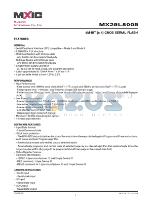 MX25L8005ZUI-12G datasheet - 8M-BIT [x 1] CMOS SERIAL FLASH